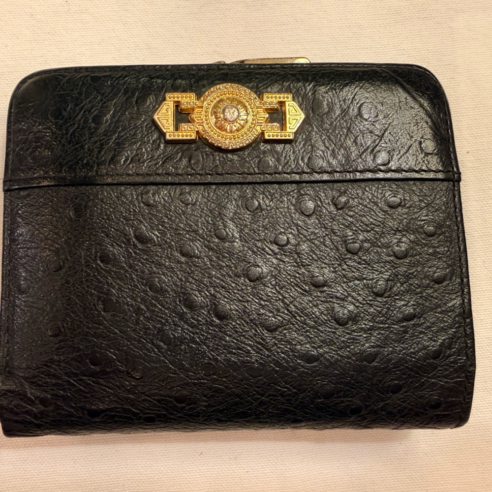 Versace Medusa Black Ostrich Leather Wallet and Card Holder. Vintage.